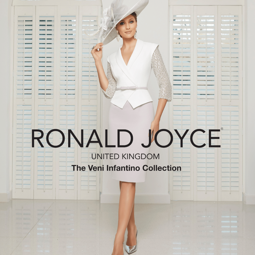 Designed image of model wearing a large hat and a Veni Infantino fitted knee-length dress with a ¾ sleeve jacket bodice in ivory and silver and the words 'Ronald Joyce United Kingdom The Veni Infantino collection'